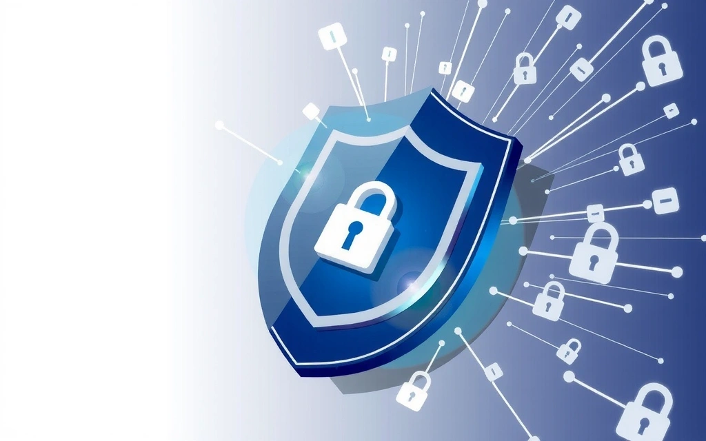 Illustration von einem Sicherheitsschild mit einem Schloss und fließenden Datenströmen, die Datensicherheit und Verschlüsselung symbolisieren.