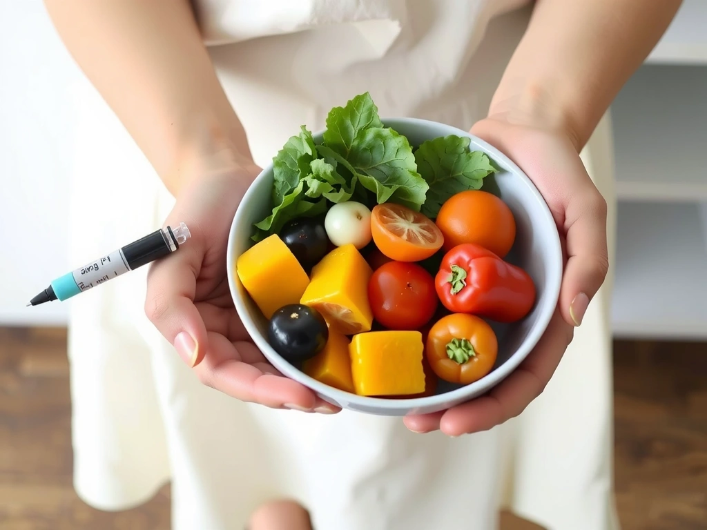 Eine Person hält eine Schale mit Insulin und Gemüse, symbolisiert Ernährung bei Diabetes.