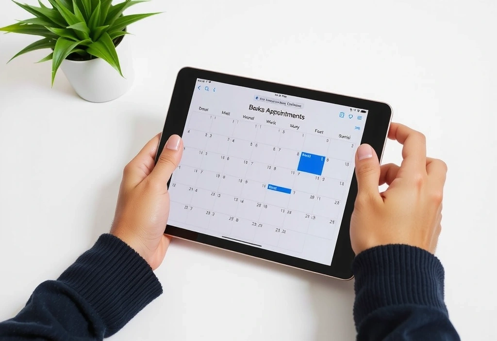 A person looking at a calendar on a tablet, symbolizing easy online booking.