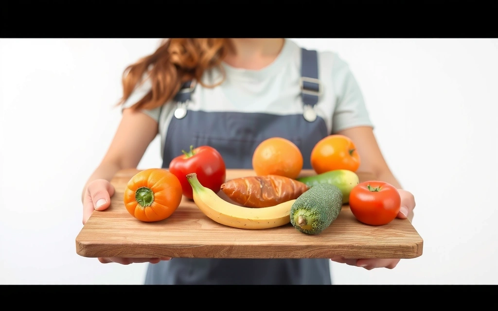 An image representing a balanced lifestyle, healthy eating, and professional guidance. A person is holding a plate with a diverse, colorful, and healthy meal, while subtly in the background there's a laptop with a video call, symbolizing online guidance. No text, letters, or inscriptions.